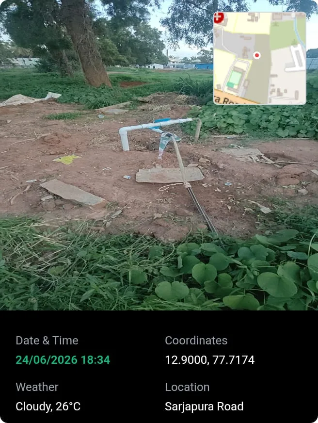 Arvind Sylva site status June 2026 — borewell and survey markers (K-RERA geo-tagged)